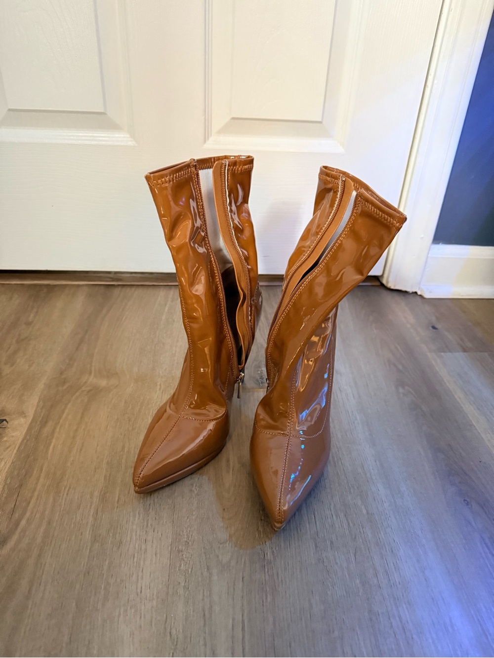 Shoe Dazzle Patent Pointed-Toe Mid-Calf Boots in Cognac Brown
